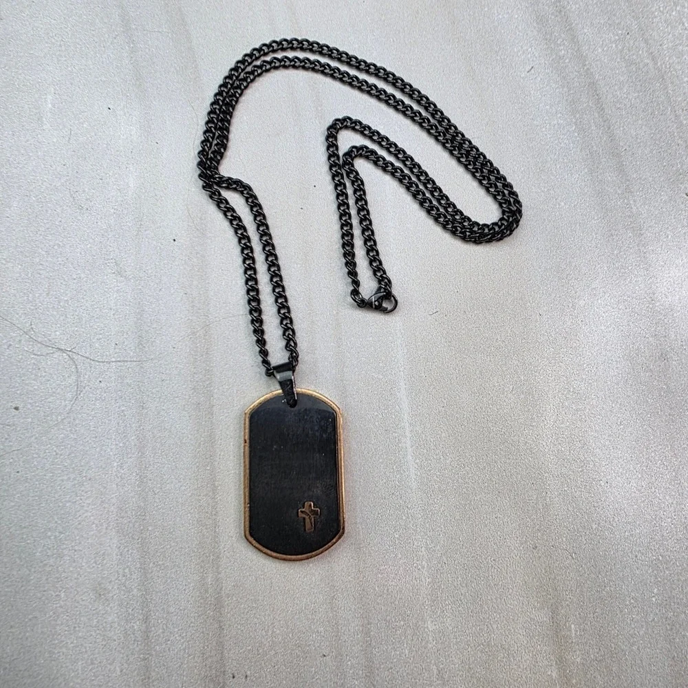 Mens Stainless Steel Black Dog Tag Cross Pendant Necklace Curb Chain Two Tone‎